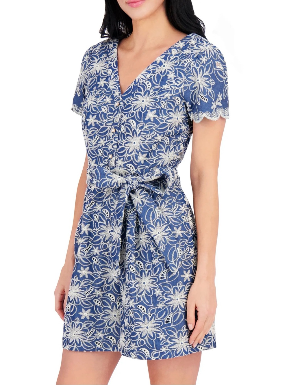 Blue Floral Lace-Effect Short Wrap Dress with Self Tie